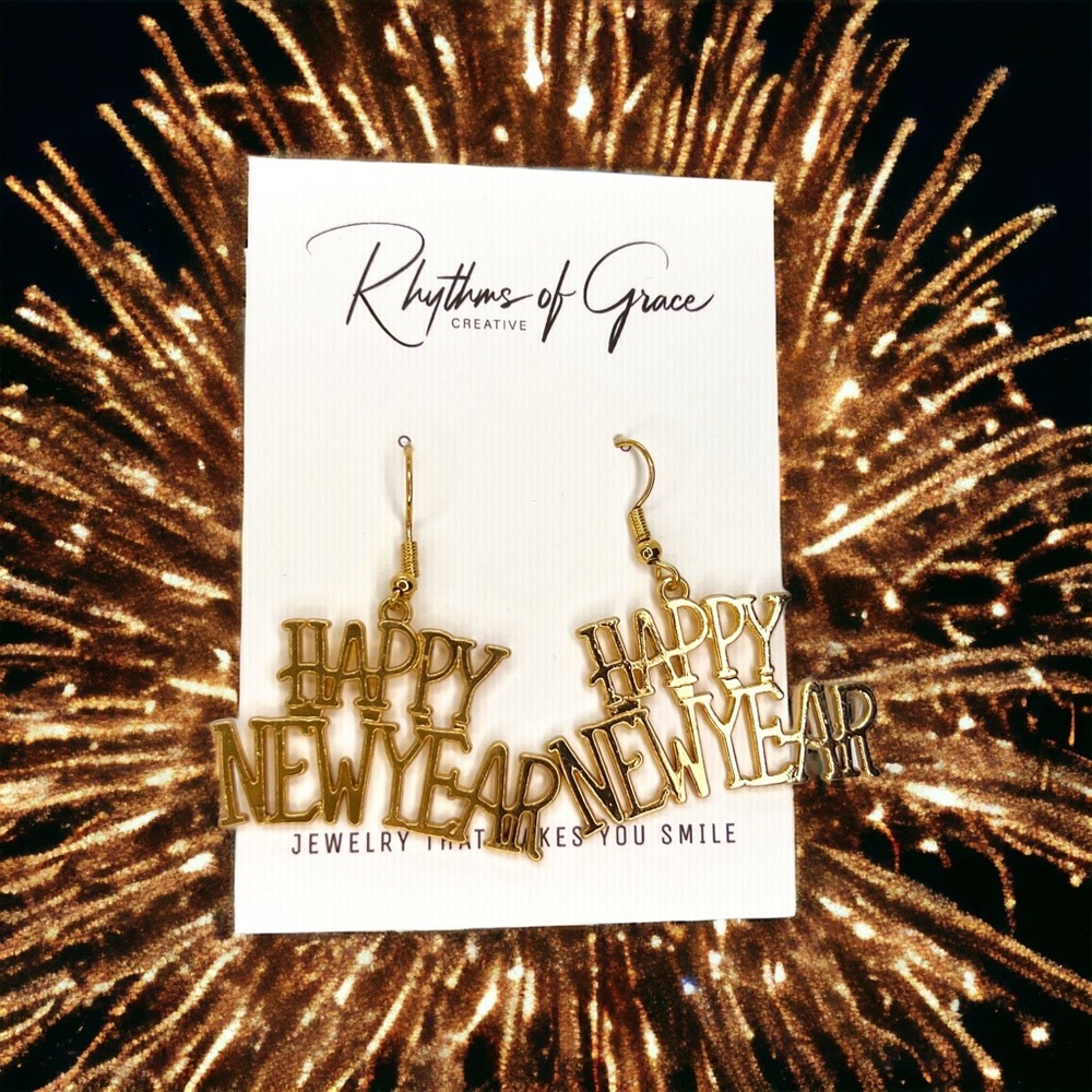 Festive Gold 'Happy New Year' Drop Earrings NWT EuroKatGifts - Picture 6 of 9